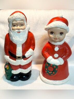Vintage mid century hand painted ceramic Mr. & Mrs. Clause Christmas figurines